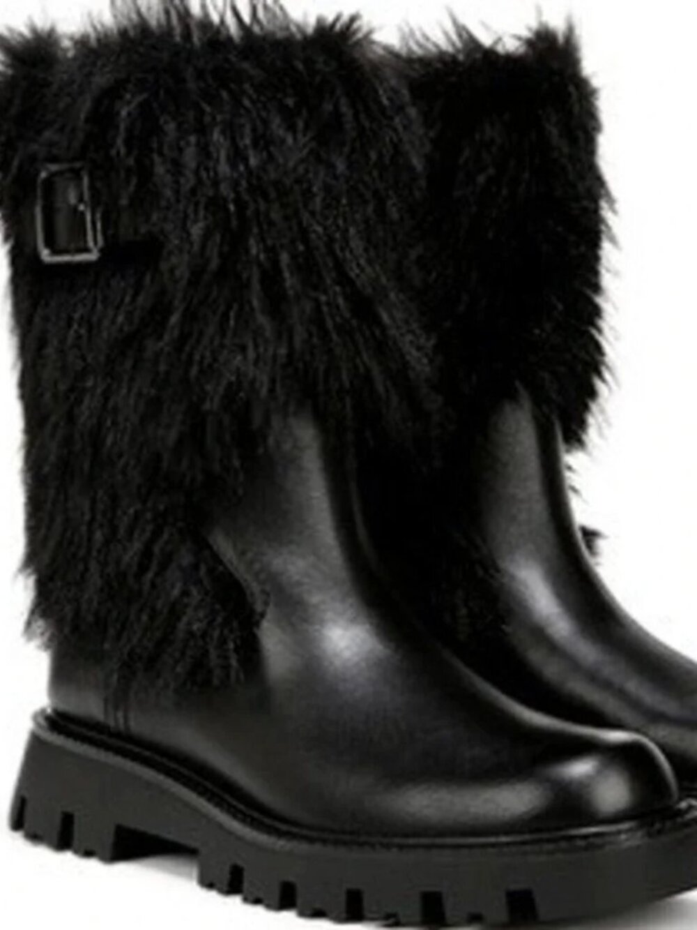 Franco Sarto Brina Black Leather Faux Fur Lug Sole Boots. 6.5M